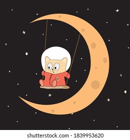 The astronaut cat rides on a swing on the moon. Against the background of the starry sky.