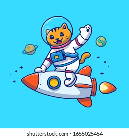 Astronaut Cat Riding On Rocket Vector Icon Illustration. Mascot Cartoon Character. Animal Icon Concept White Isolated. Flat Cartoon Style Suitable for Web Landing Page, Banner, Flyer, Sticker, Card