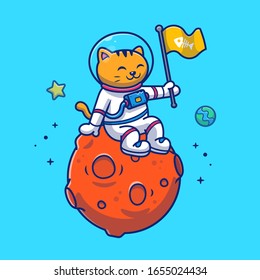 Astronaut Cat Sitting On Planet Vector Icon Illustration. Mascot Cartoon Character. Animal Icon Concept White Isolated. Flat Cartoon Style Suitable for Web Landing Page, Banner, Flyer, Sticker, Card