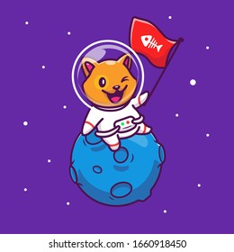 Astronaut Cat Sitting On Planet Vector Icon Illustration. Mascot Cartoon Character. Animal Icon Concept White Isolated. Flat Cartoon Style Suitable for Web Landing Page, Banner, Flyer, Sticker, Card