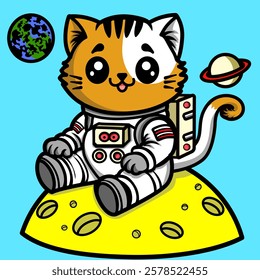 An astronaut cat sitting on a yellow moon against a starry space background. Perfect for adding a cosmic touch to any project, combining space exploration and imaginative design.