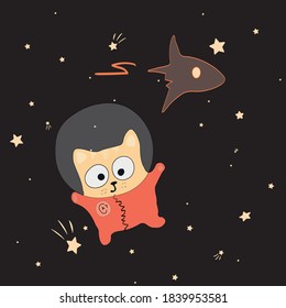 El gato astronauta sopla sobre el fondo del cielo estrellado.