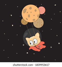 The astronaut cat soars. Balloons. Against the background of the starry sky.