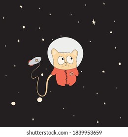 Astronaut cat soars. At the rocket. against the background of the starry sky.