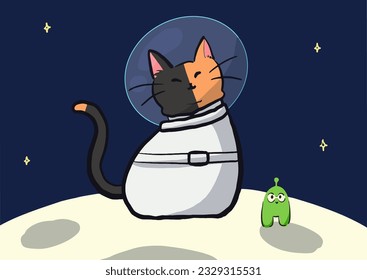 Un astronauta gato de dos caras en el espacio con su amigo extranjero en lindos personajes de dibujos animados estilo dibujo a mano diseño gráfico vectorial