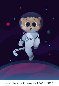 Astronaut cat. Space cat on a background of blue space and stars. Funny and cute astronaut cat feeling surprised, baby animal for kids in space, pet adventure greeting card design. Kitten in space vec