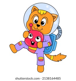 gato astronauta en el espacio jugando con niño extraterrestre, ilustración vectorial art. doodle imagen kawaii.