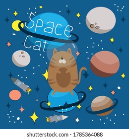 Astronaut cat in space, rockets,  planets and stars on blue backgound.  Hand drawn vector illustration. Good for poster, card, wall decor, textile print.