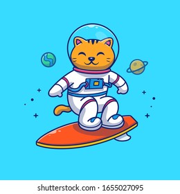 Astronautenkatzsurfen auf Galaxy Vektorillustration Symbol Illustration. Mascot-Cartoon-Charakter. Tierisches Symbol Konzept weiß isoliert. Flacher Cartoon-Stil geeignet für Web-Landing-Page, Banner, Flyer, Aufkleber, Karte