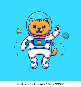 Ilustración del icono del vector del gato astronauta. Caricatura De Dibujo De Mascota Del Gato En El Espacio. El Concepto De Ícono Animal Es Blanco Aislado. Estilo de caricatura plano adecuado para Web Landing Page, banner, volante, adhesivo, tarjeta