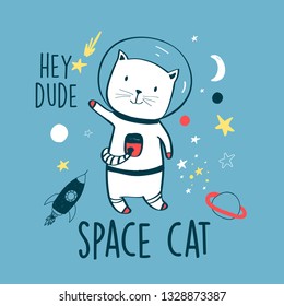 Astronaut cat vector illustration for t-shirt design with slogan. Vector illustration design for fashion fabrics, textile graphics, prints.