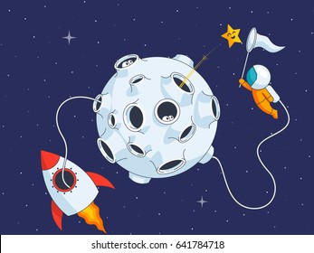 Astronaut catch the star near moon, research space, vector illustration in flat style