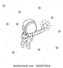 astronaut catch stars to the bag.Cartoon childish vector illustration.