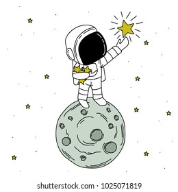 astronaut catch stars to the bag.Cartoon childish vector illustration.