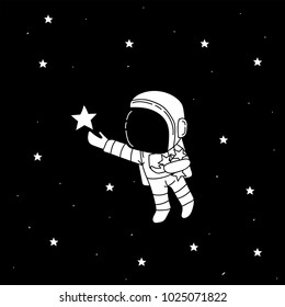 astronaut catch stars to the bag.Cartoon childish vector illustration.