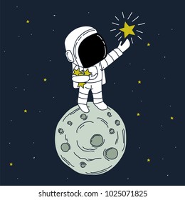 astronaut catch stars to the bag.Cartoon childish vector illustration.