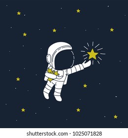 astronaut catch stars to the bag.Cartoon childish vector illustration.