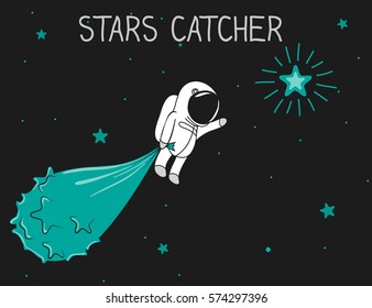 astronaut catch stars to the bag.Cartoon childish vector illustration.