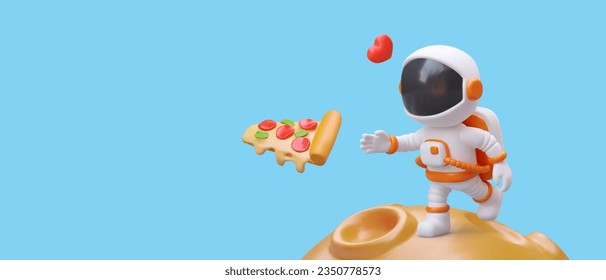 Astronaut catches slice of pizza in outer space. Advertisement of pizzeria. Italian cuisine. Concept with illustration in cartoon style. Banner on blue background