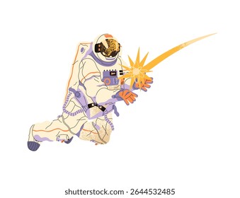 Astronaut catches star in outer, open space. Cosmonaut in spacesuit with spark of innovation. Spaceman is flying, soaring in cosmos, spacewalks. Flat isolated vector illustration on white background
