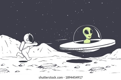 astronaut catching up with an alien on a flying saucer.Vector illustration