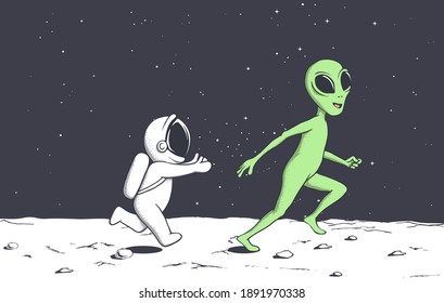 astronaut is catching up with an alien and playing with him.Vector illustration