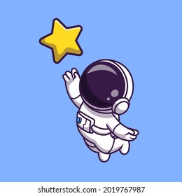 Astronaut Catching Star Cartoon Vector Icon Illustration. Science Technology Icon Concept Isolated Premium Vector. Flat Cartoon Style