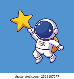 Astronauta atrapando estrella de dibujos animados Vector Icono Ilustración. Estilo plano aislado de la historieta