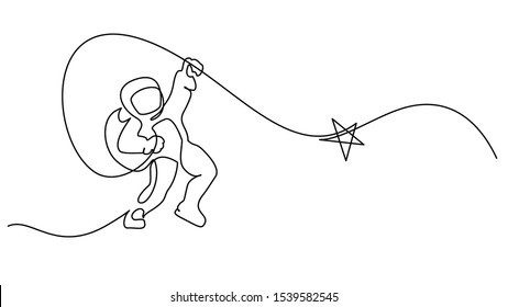 Astronaut Catching Star Logo. Continuous One Line Drawing. Vector Illustration