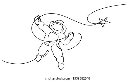 Astronaut Catching Star Logo. Continuous One Line Drawing. Vector Illustration