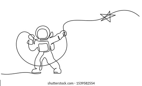 Astronaut Catching Star Logo. Continuous One Line Drawing. Vector Illustration