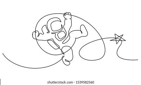 Astronaut catching star logo. Continuous one line drawing. Vector illustration