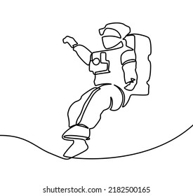Astronaut catching star logo. Continuous one line drawing. Vector illustration. Single continuous line drawing of young cosmonaut scientist discovering spacewalk universe in vintage style. 