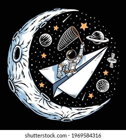 Astronaut catching stars on the moon illustration