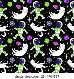 Astronaut and Cats in space, psychedelic cartoon seamless pattern