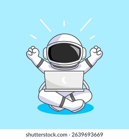 Astronaut celebrating success while using a laptop in space vector illustration cartoon design