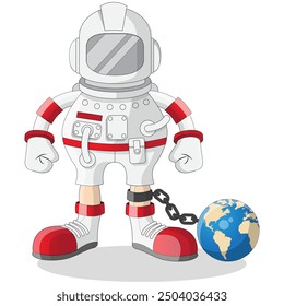 Un astronauta encadenado al suelo. Aislado sobre fondo blanco. Ilustración vectorial.