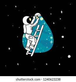 Astronaut changing a light bulb. Against the background of the color starry sky