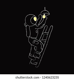 Astronaut changing a light bulb. Chalked on a black background.