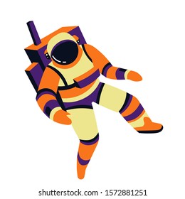 Astronaut character with backpack, spaceman and gravity, cosmonaut in motion isolated icon vector. Helmet and pressure suit, space explorer in spacesuit. Astronautic equipment, cosmos exploration
