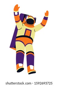 Astronaut character with backpack, spaceman and gravity, cosmonaut in motion isolated icon vector. Helmet and pressure suit, space explorer in spacesuit. Astronautic equipment, cosmos exploration