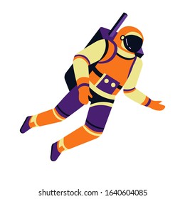 Astronaut character with backpack, spaceman and gravity, cosmonaut in motion isolated icon vector. Helmet and pressure suit, space explorer in spacesuit. Astronautic equipment, cosmos exploration