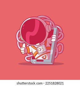 Astronaut character coming out of a smartphone vector illustration. Technology, future design concept.