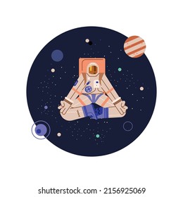 Astronaut character doing yoga, vector flat illustration on space background. A cute astronaut in a suit is meditating in space. Astronaut rests and looks at planets, galaxies, universe, stars, space