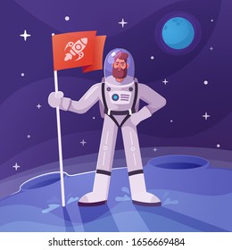 Astronaut character exploring outer space. Futuristic cosmonaut in spacesuit walking and flying. Cartoon vector illustration. Stars and planets in background