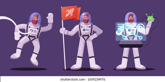 Astronaut character exploring outer space. Futuristic cosmonaut in spacesuit walking and flying. Cartoon vector illustration. Stars and planets in background