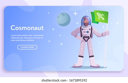 Astronaut character exploring outer space. Futuristic cosmonaut in spacesuit walking and flying. Cartoon vector illustration. Stars and planets in background