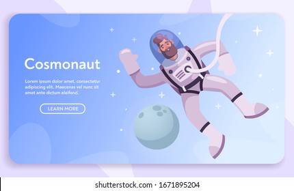 Astronaut character exploring outer space. Futuristic cosmonaut in spacesuit walking and flying. Cartoon vector illustration. Stars and planets in background