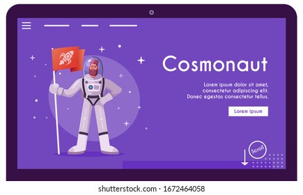 Astronaut character exploring outer space. Futuristic cosmonaut in spacesuit walking and flying. Cartoon vector illustration. Stars and planets in background