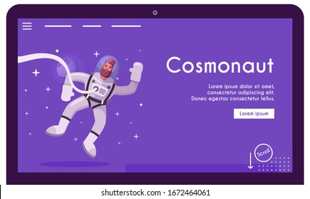 Astronaut character exploring outer space. Futuristic cosmonaut in spacesuit walking and flying. Cartoon vector illustration. Stars and planets in background